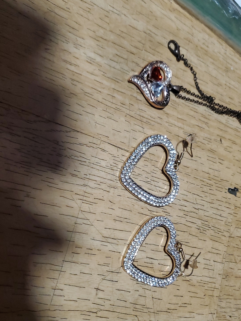 Heart Crystal Drop Earrings , Heart Necklace. Gold Tone with Clear &red Stones